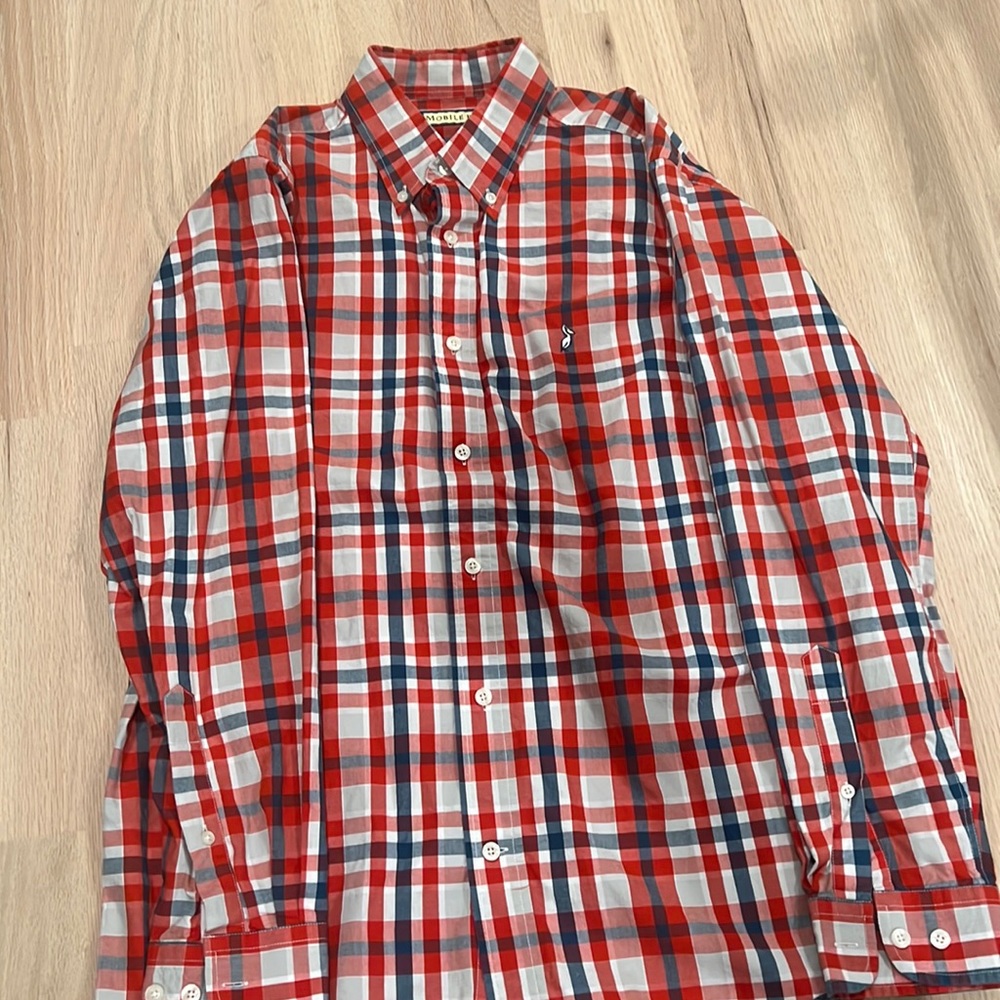 Red, white and blue button down shirt